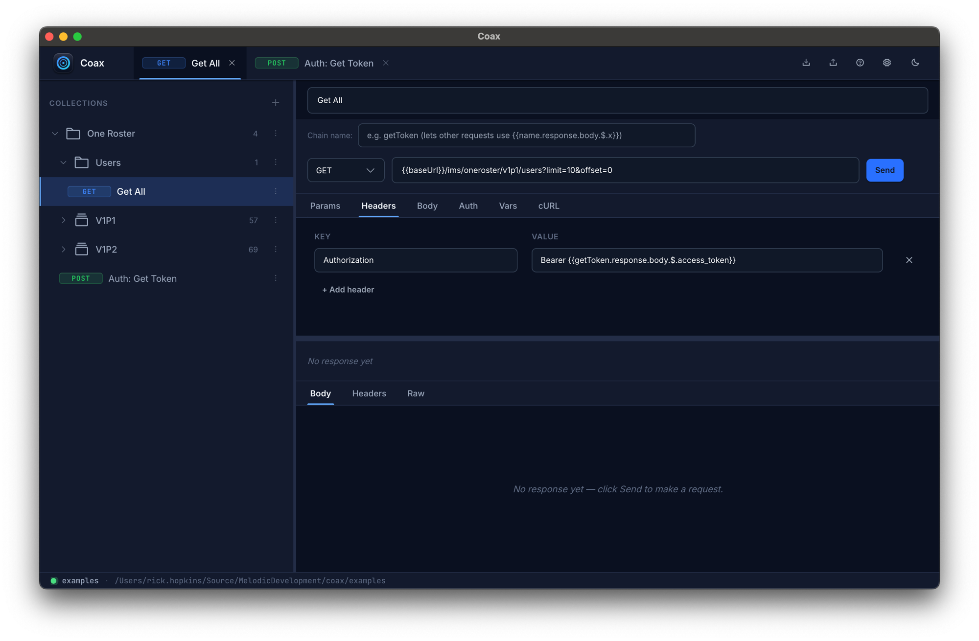 A request body referencing a chained value from a previous request, e.g. {{login.response.body.$.access_token}}