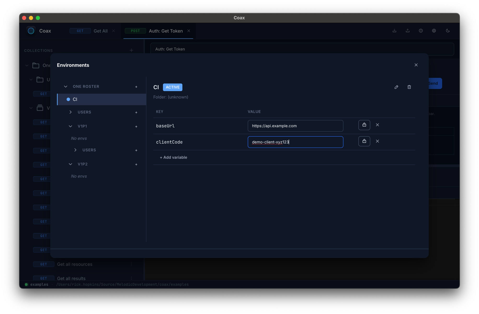 The Coax environment switcher showing dev, staging, and prod environments