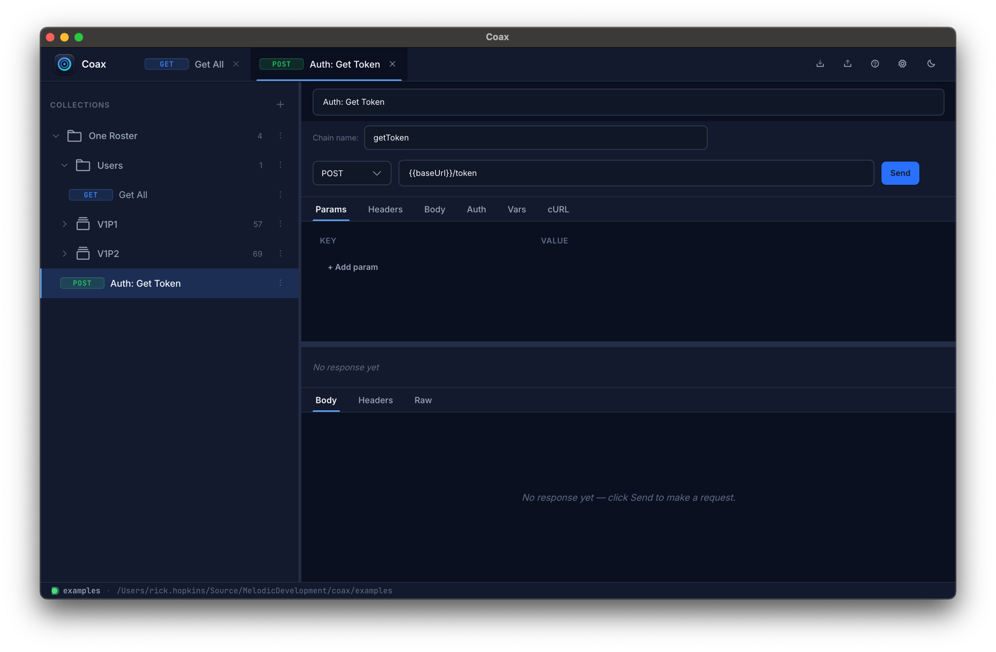 Coax window showing a collection sidebar on the left, a POST request being edited in the center, and a JSON response below