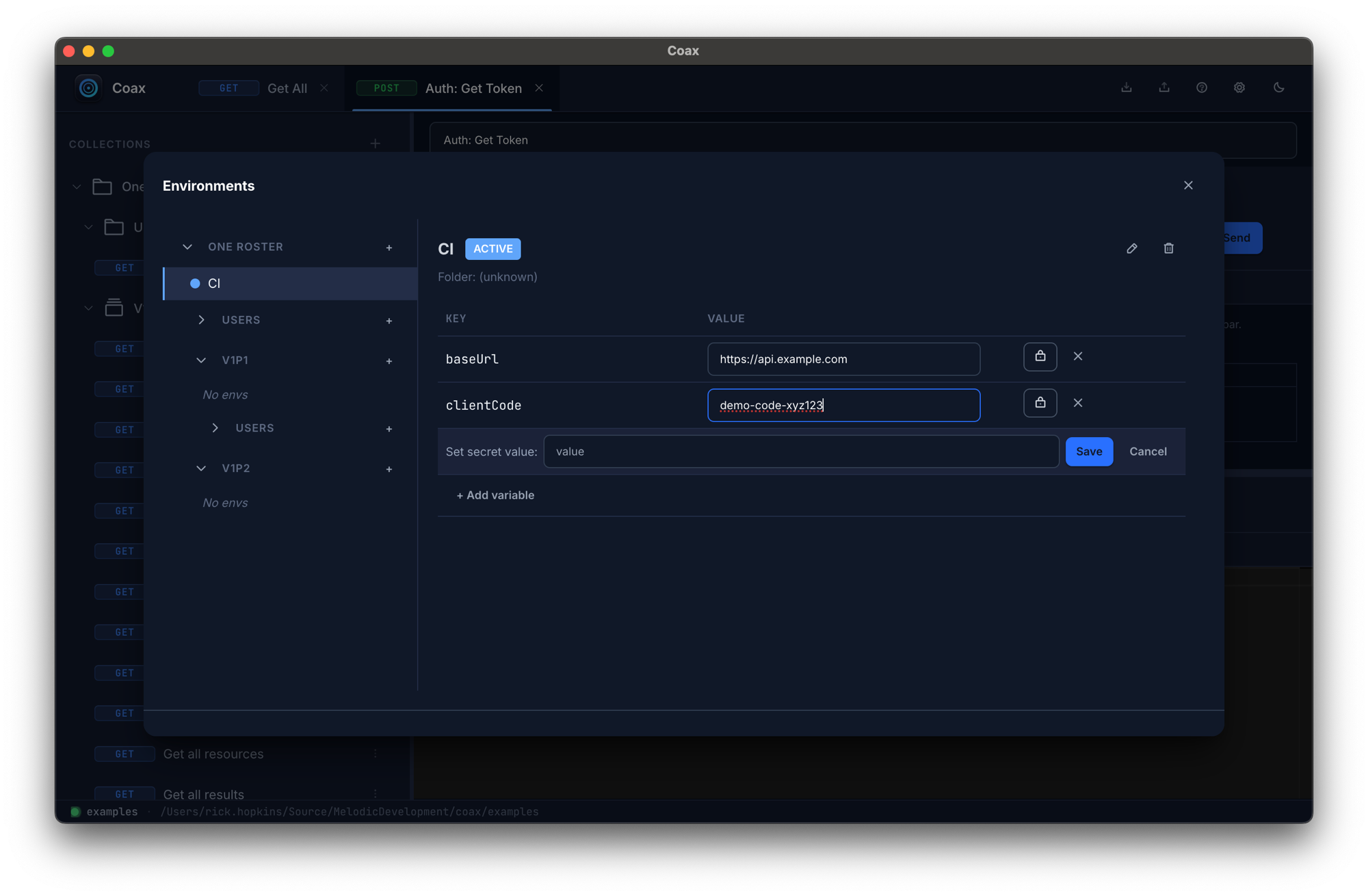 The Coax variables dialog with a secret variable marked, the value hidden behind asterisks